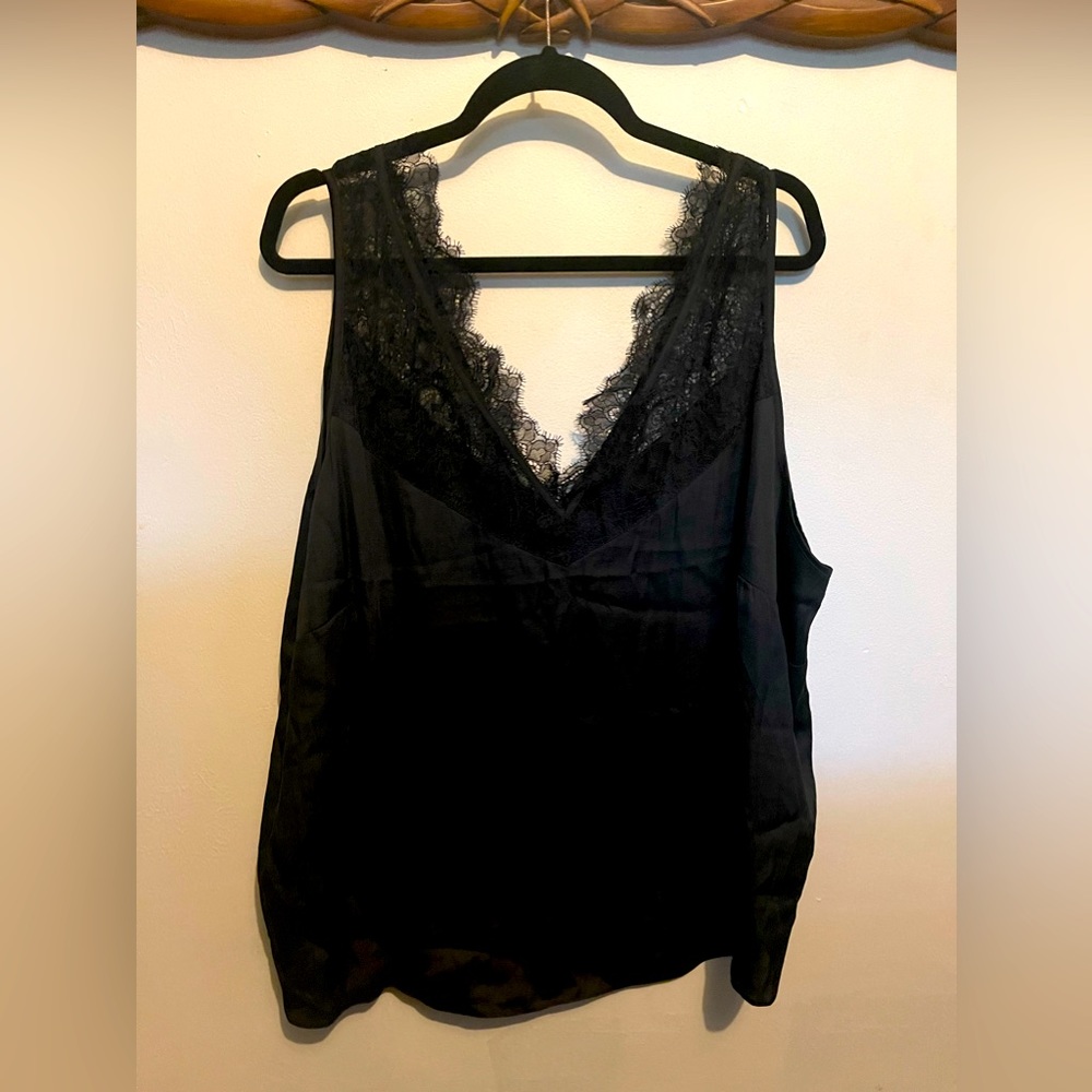 H&M+ Lace Trimmed V Neck Black Top